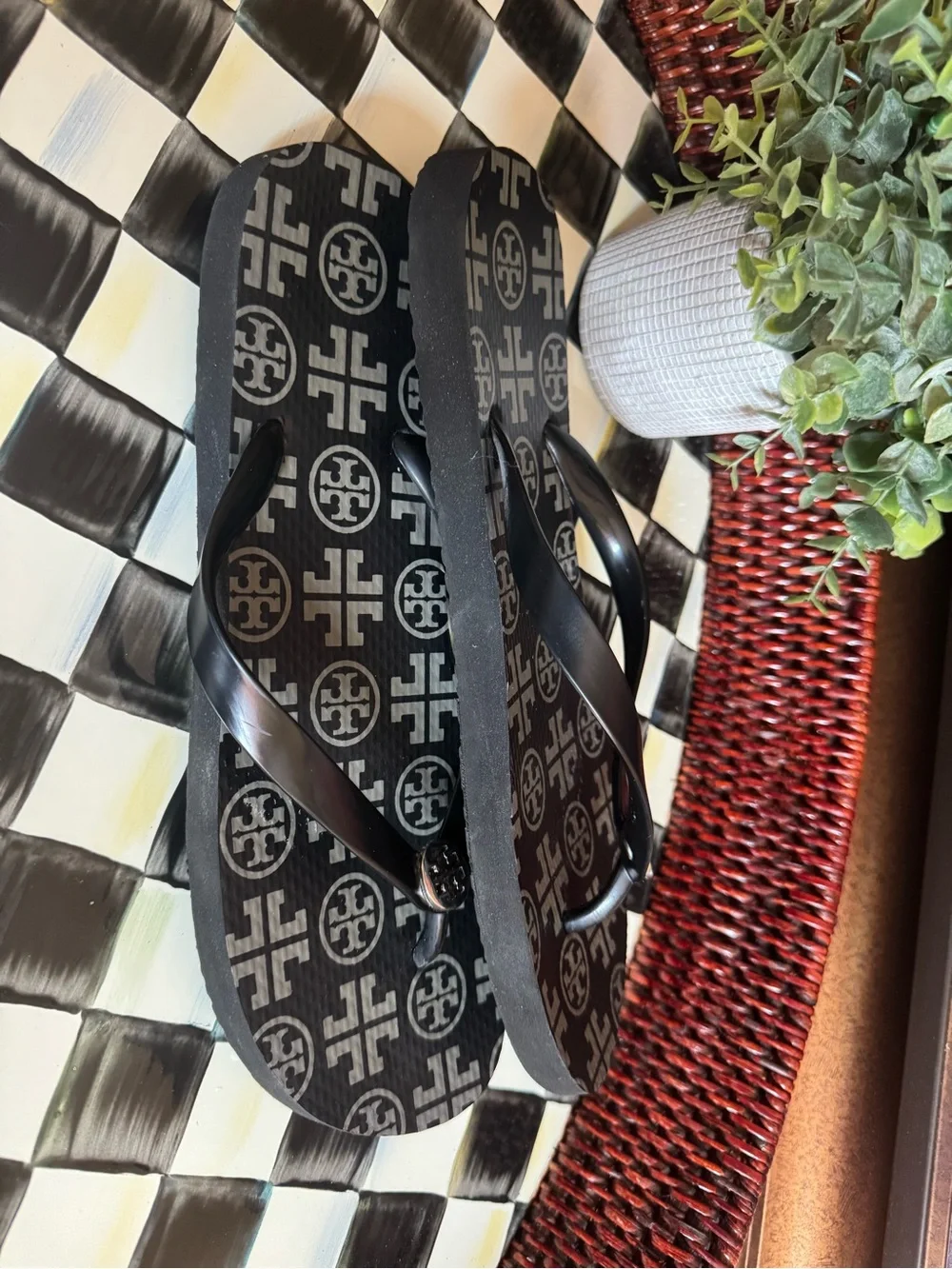 Tory Burch Black and Gray Logo Flip Flops